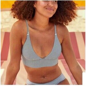 Aerie Striped Longline Triangle Bikini Top Black White XXS Padded Adjustable